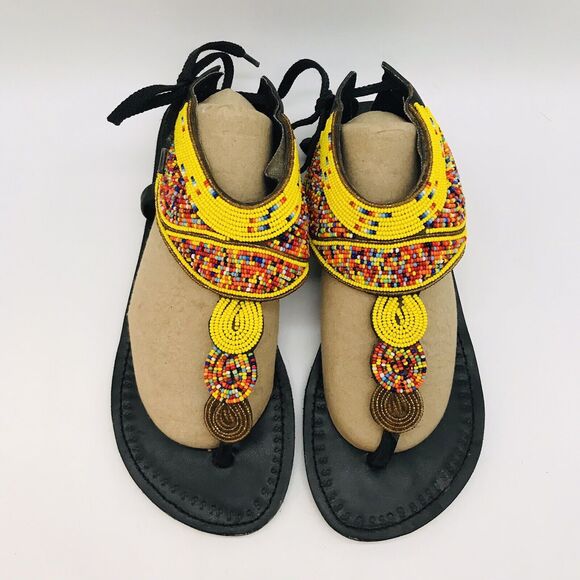 African Maasai Handcrafted Beaded Sandals Women's 9 Black Genuine Leather Kenya - Picture 1 of 9